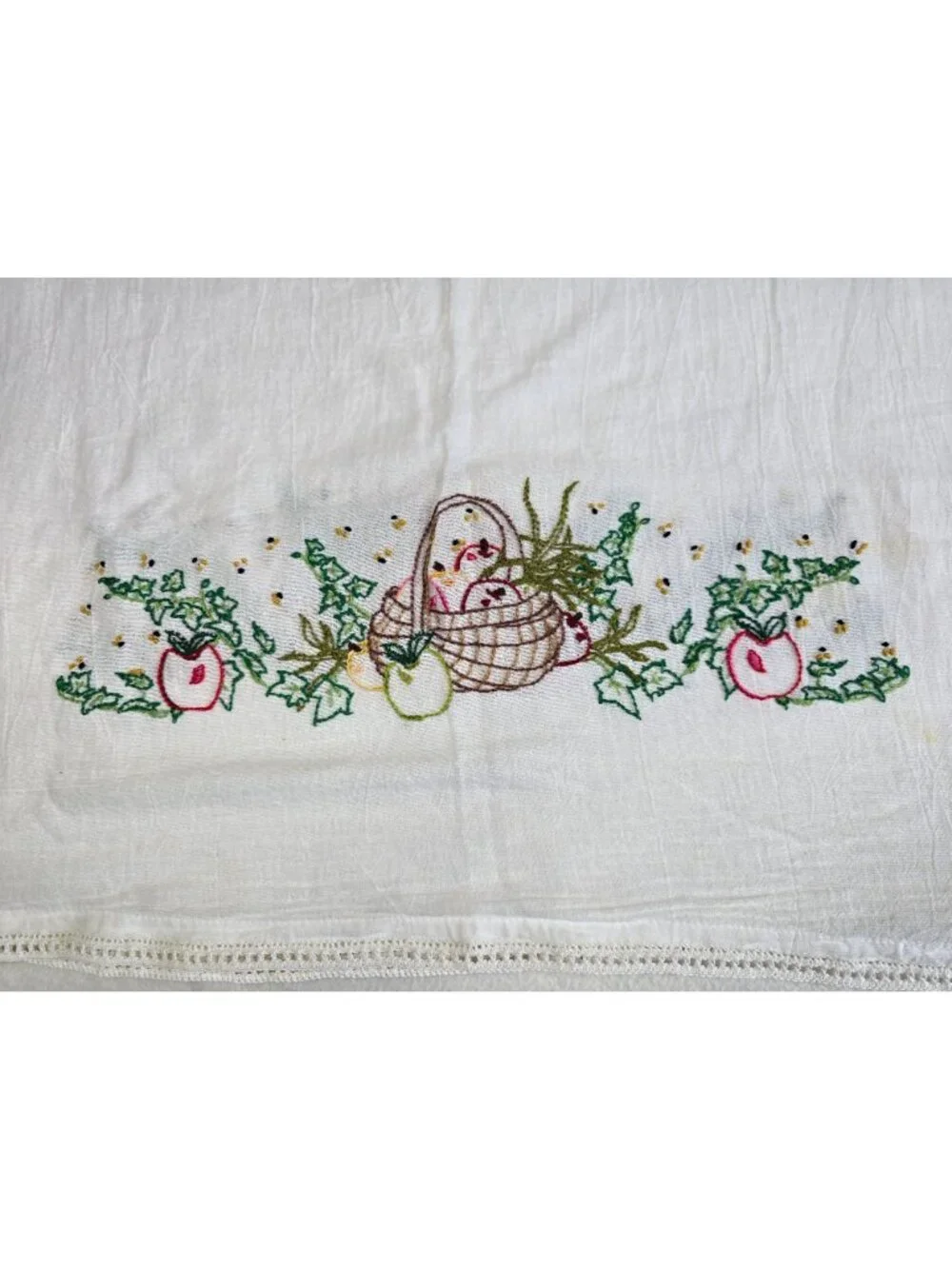 Vintage Hand-Embroidered Cotton Tablecloth Tea Towel Apple Basket Design Crochet